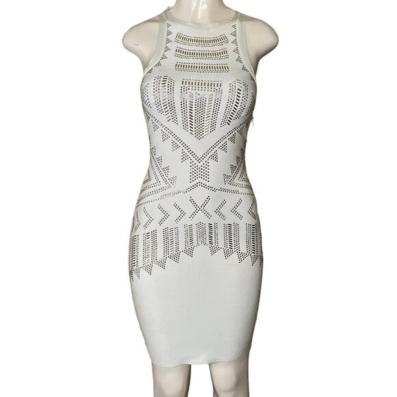 Bebe Alyssum Cutout Bodycon Sleeveless Mini Dress Silver Beaded White Size Small - Picture 1 of 11